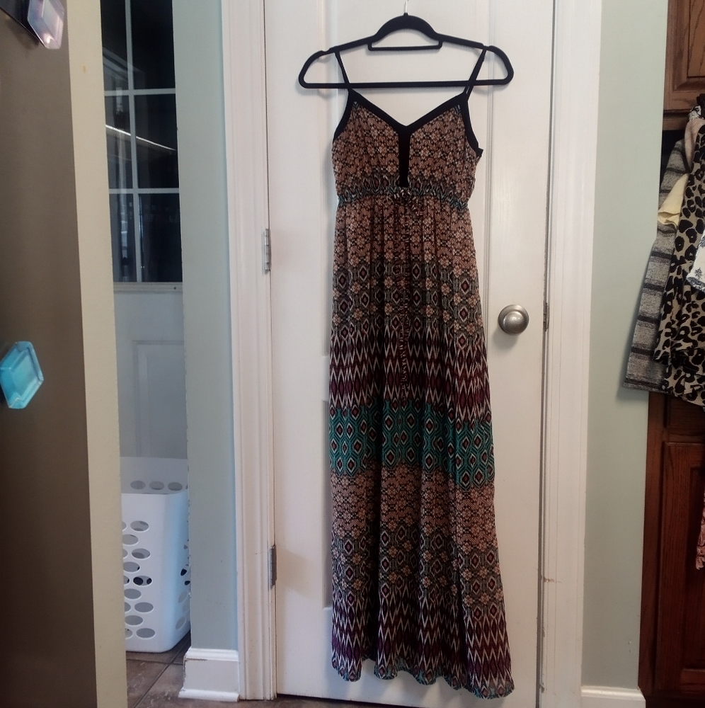 Vintage Doe & Rae Patterned Maxi Dress Women's S Black White Pink Turquoise Boho